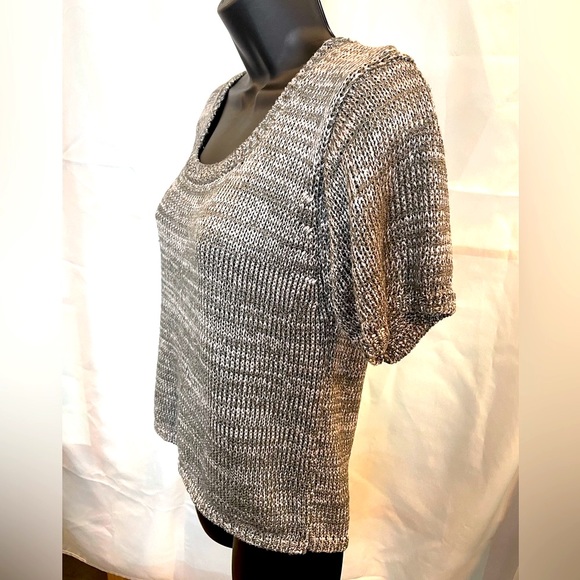 Metallic Silver Shimmer Open Knit Body Crop Short Sleeve Sweater Large - Picture 2 of 10